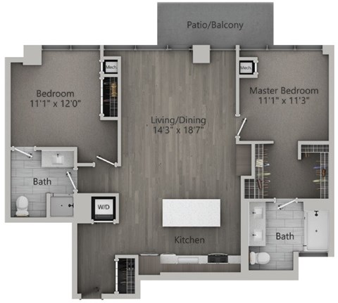 Floor plan for 2 beds, 2 baths, 1136 sqft